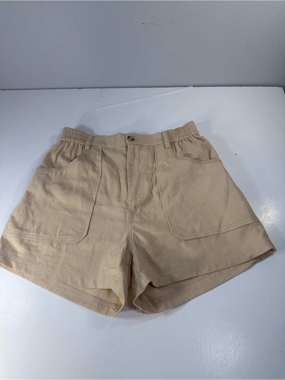Wishlist Linen Blend Utility Pocket Shorts Beige Elastic Waist Size Medium